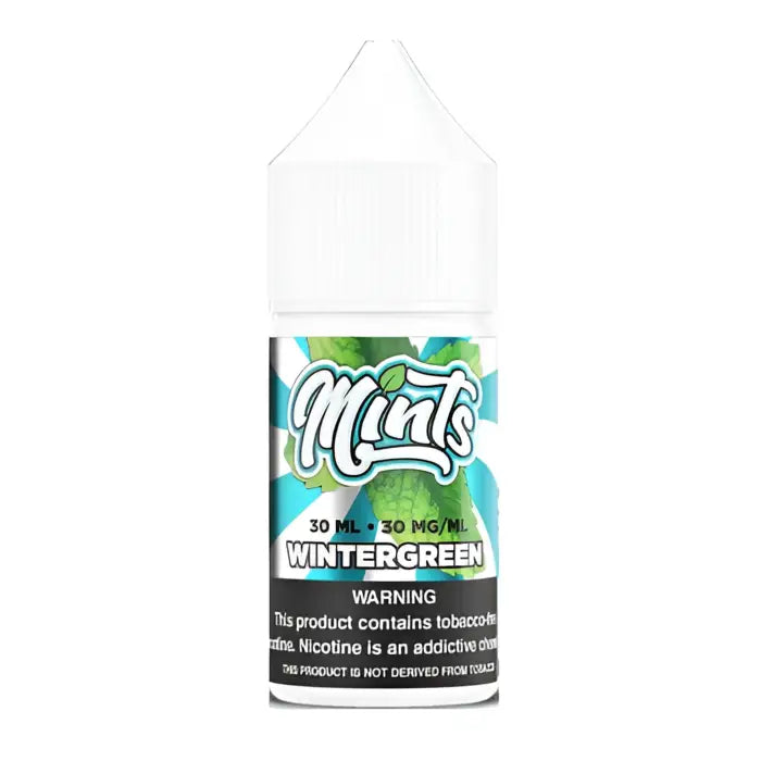 Bottle of Mints Wintergreen e-liquid with a warning label about nicotine content.