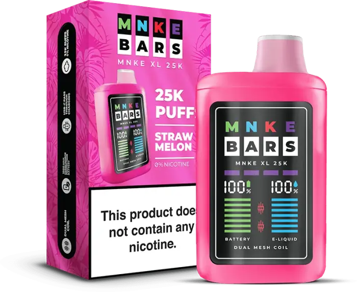 Bright pink disposable vape device with a digital display, labeled ’MNKE BARS’ and ’25K PUFF’.