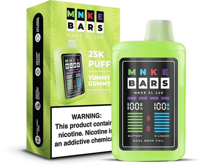 Disposable electronic cigarette device with bright green packaging featuring ’MNKE BARS’ branding.