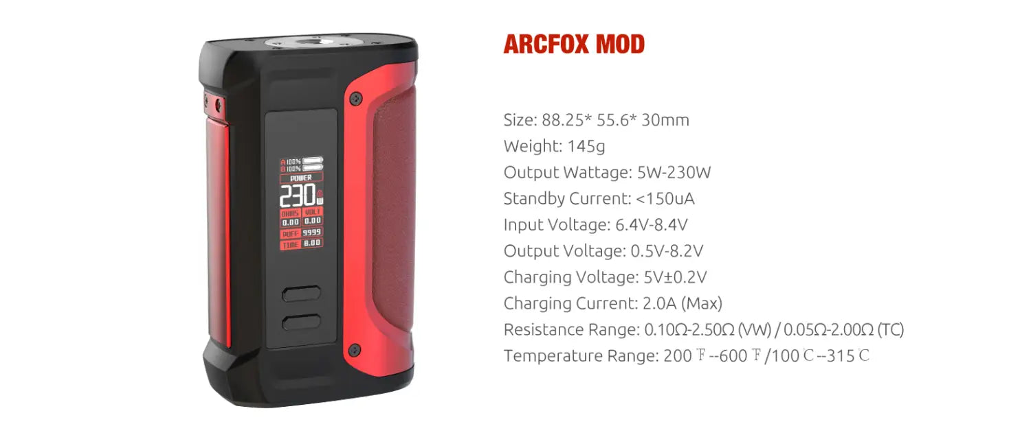 Smok Arcfox 230W Kit with TFV18 Tank in red and black, showcasing technical specs.