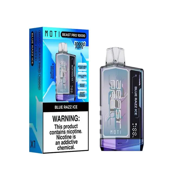 Disposable electronic cigarette device with blue packaging labeled ’MOTI’ and ’Blue Razz Ice’ flavor.