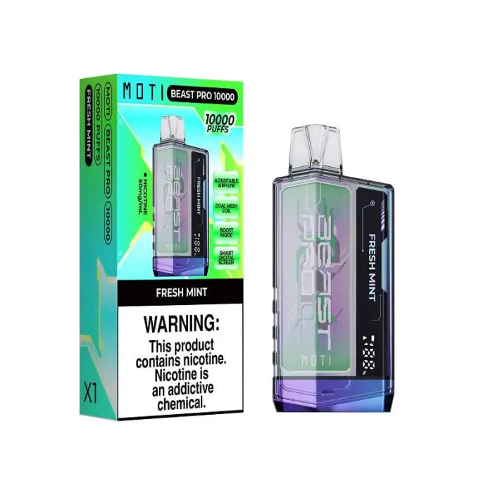 Disposable electronic cigarette or vape device in fresh mint flavor with its packaging.