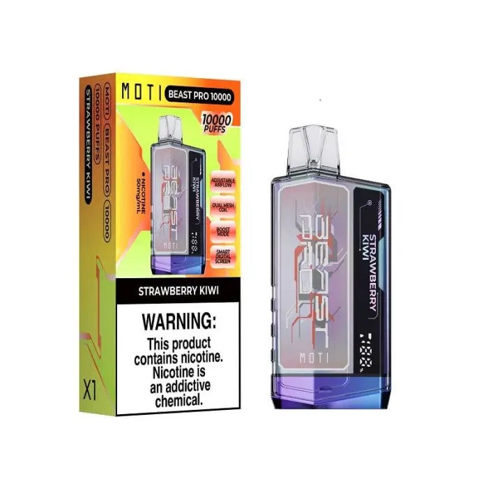 Disposable electronic cigarette device with packaging showing flavor and nicotine warning.