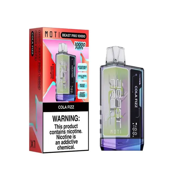 Disposable vape device with its packaging, featuring a ’Cola Fizz’ flavor and warning label.