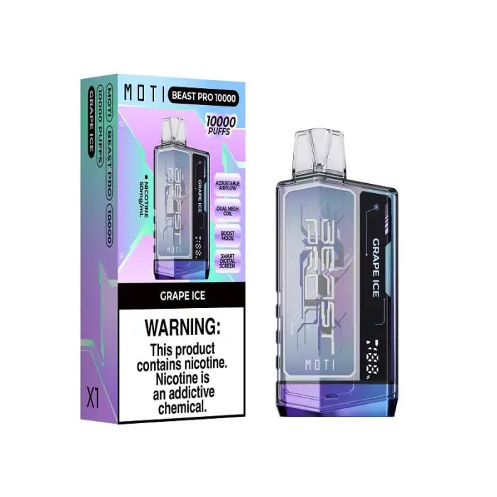 Electronic vaping device with a transparent body and purple-tinted packaging labeled ’MDT’ and ’Grape Ice’.