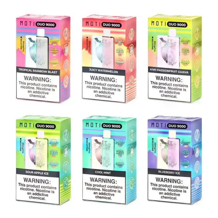 Colorful disposable e-cigarette or vape device packages in various flavors.