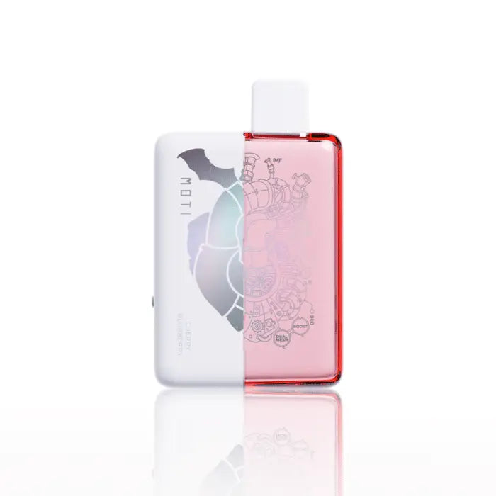 Uniquely designed dual-compartment bottle with white and pink-red sections.