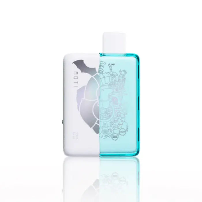 Transparent plastic bottle with white and turquoise halves featuring a floral design.