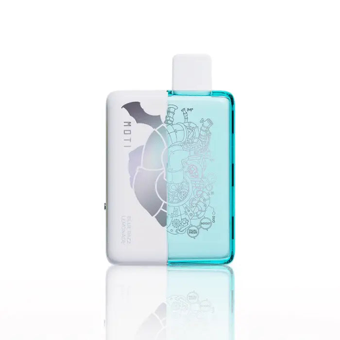 Dual-colored plastic bottle with a decorative design split between white and turquoise halves.