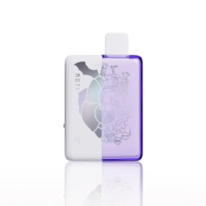 Flat, rectangular bottle with white and purple halves featuring a stylized bird design.