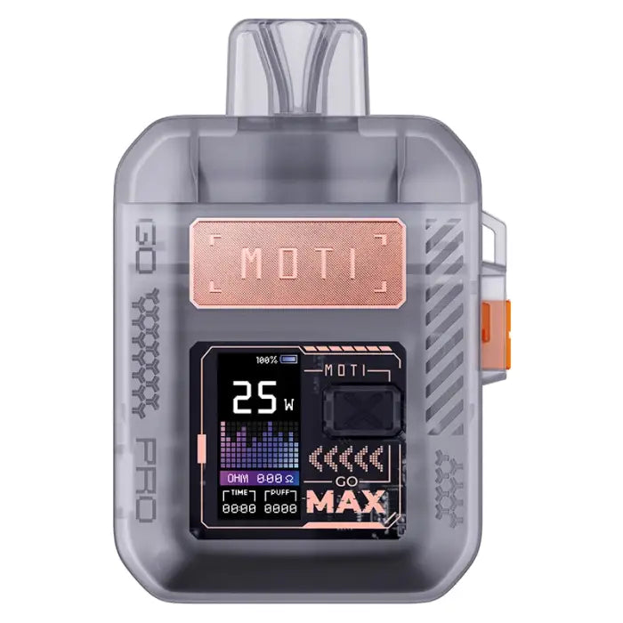 Compact electronic vaping device with a digital display screen and copper-colored accents.