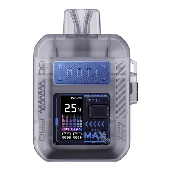 Electronic vaping device with a digital display showing various settings and measurements.