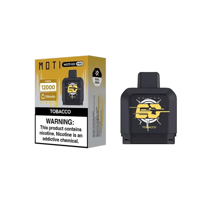 Black rectangular electronic vaping device with a yellow logo.