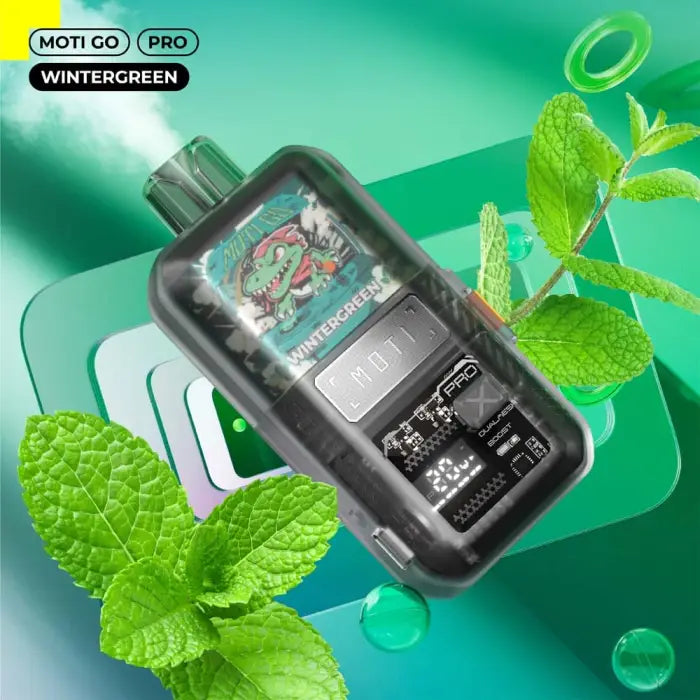 Vaping device or e-cigarette with ’Moti Go Pro Wintergreen’ branding.