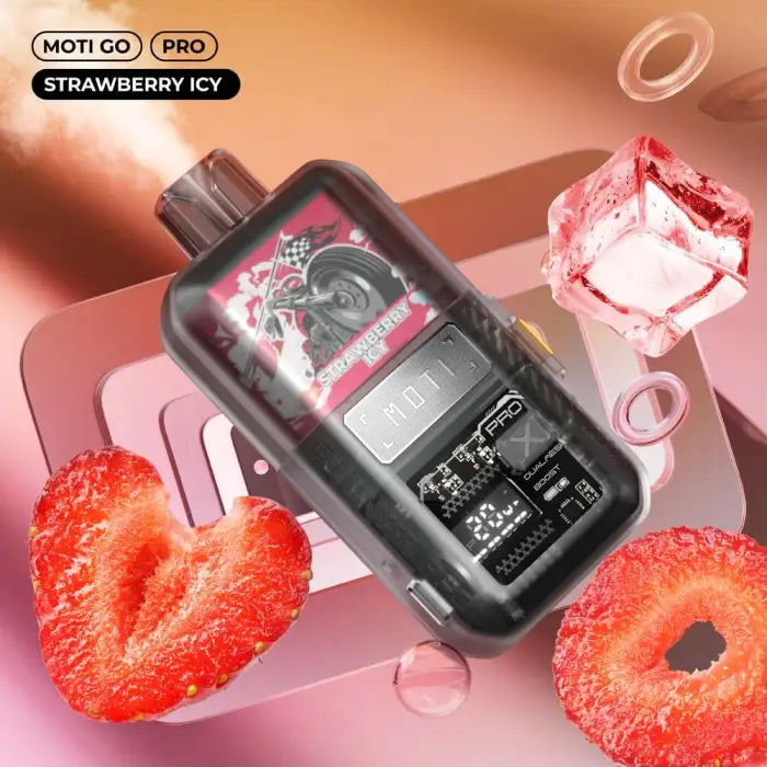 Vape device labeled ’Moti Go Pro Strawberry Icy’ with a floral design on the front.