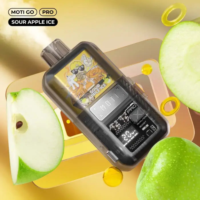 Vaping device or e-cigarette labeled ’Moti Go Pro Sour Apple Ice’ with a digital display.