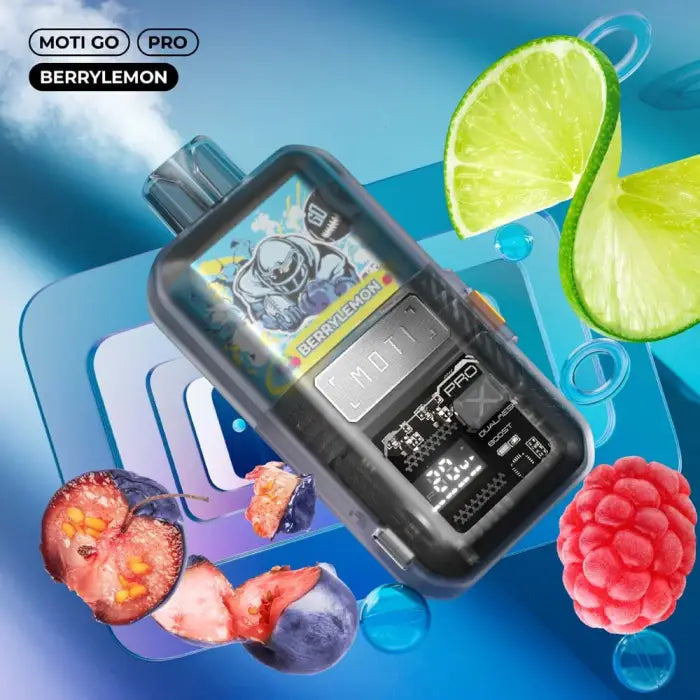 Electronic vaping device with a display screen and buttons, branded as ’MOTI GO PRO BERRYLEMON’.