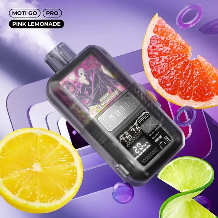 Vape device or e-cigarette with ’Moti Go Pro Pink Lemonade’ branding surrounded by citrus fruit slices.