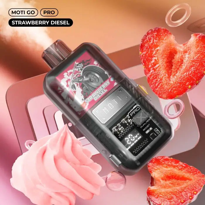 Vape device labeled ’Moti Go Pro Strawberry Diesel’ with pink and black packaging.