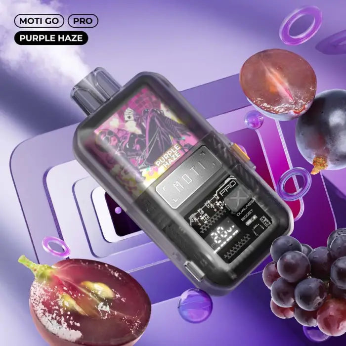 Vaping device or e-cigarette with a digital display and ’Purple Haze’ flavor branding.