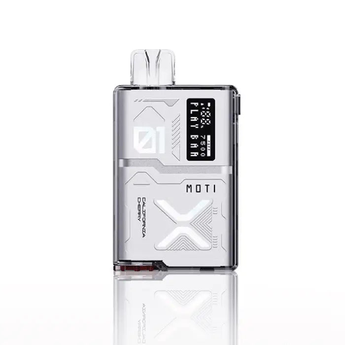 Sleek, silver electronic device with a digital display and ’MOTI X’ branding.