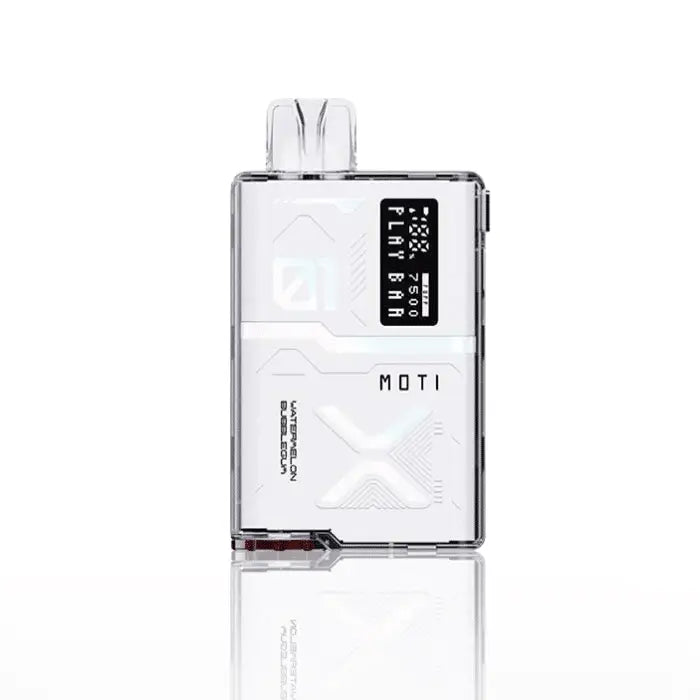 Sleek white electronic vaping device with a digital display screen.