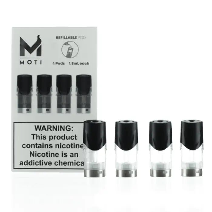 Refillable e-cigarette pods or cartridges for a vaping device.