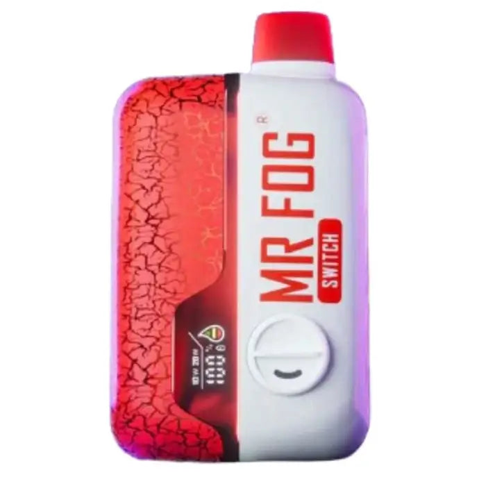 Bottle of Mr Fog Switch vaping liquid with red and white design.