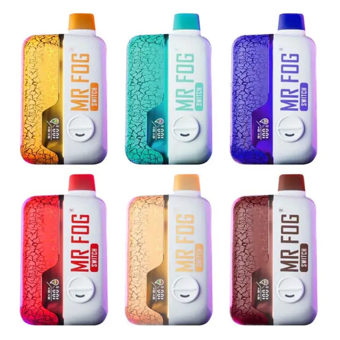 Set of six colorful protein powder or supplement drink bottles labeled ’MR FOG’ in different flavors.