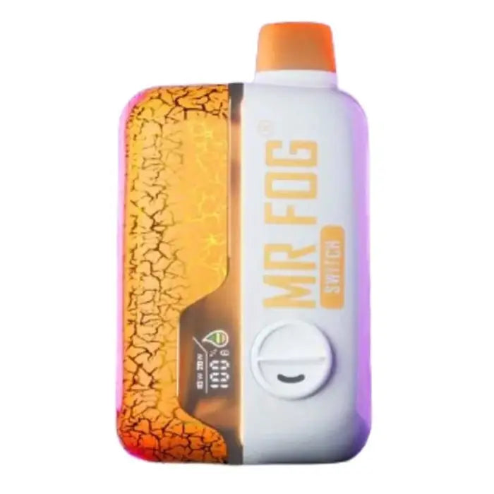 Bottle of Mr Fog vape liquid with an orange cap and stylized design.