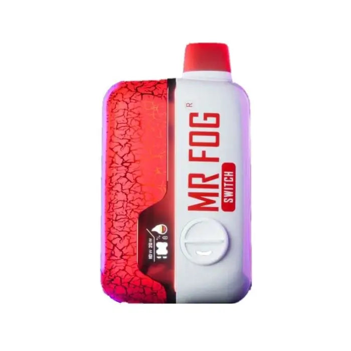 Bottle of Mr Fog e-liquid or vape juice with red and white design.