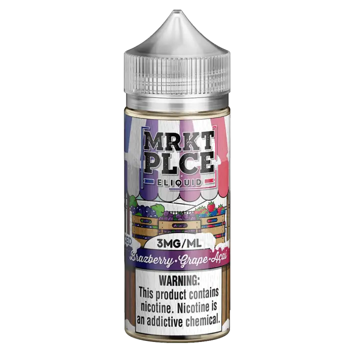 Bottle of e-liquid labeled ’MRKT PLCE’ with blueberry grapefruit flavor and nicotine warning.