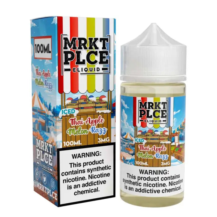 E-liquid bottle and packaging for ’MRKT PLCE’ brand in ’Thai Apple Freeze Mango’ flavor.