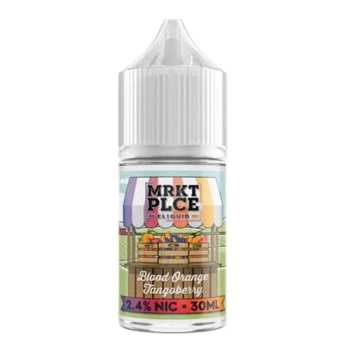 Bottle of e-liquid labeled ’MRKT PLCE’ with ’Blood Orange Tangerine’ flavor.