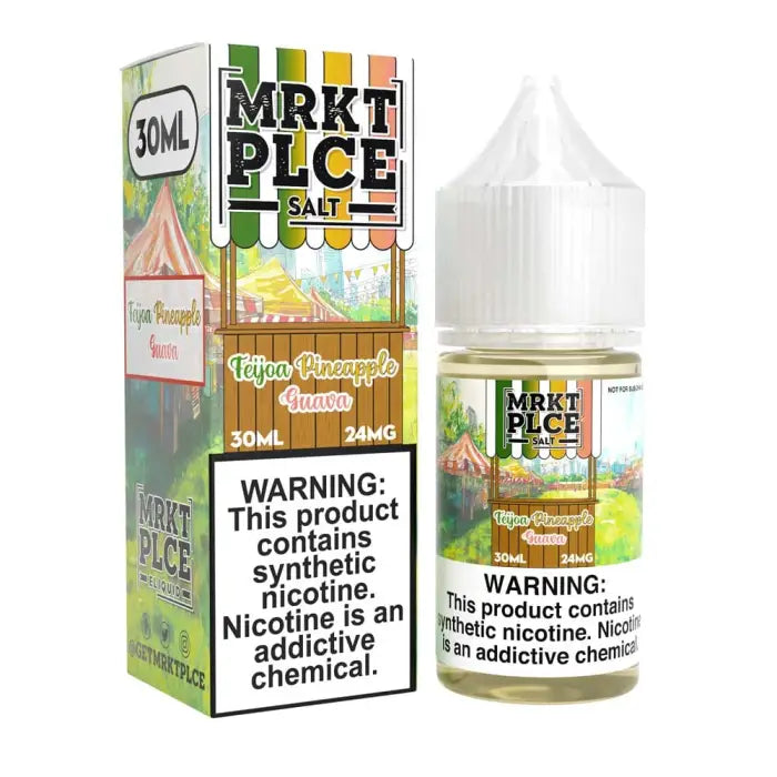 E-liquid bottle and packaging for ’MRKT PLCE SALT’ vape juice in Mango Pineapple Guava flavor.