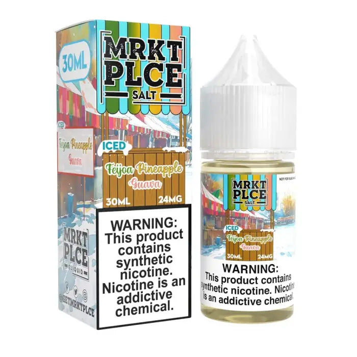 Colorful e-liquid bottle and packaging for ’MRKT PLCE SALT’ vaping product in Mango Pineapple Guava flavor.