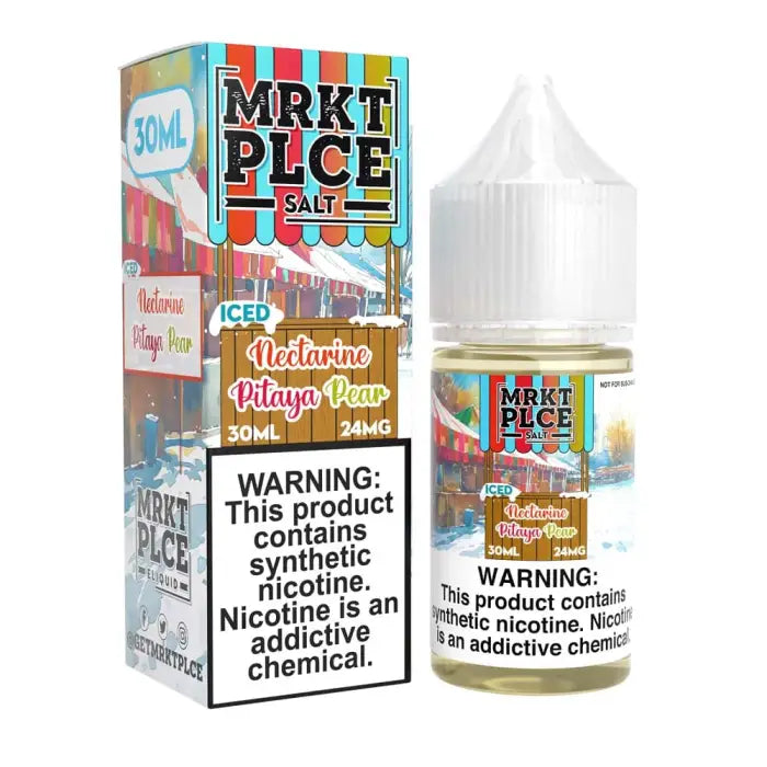 Colorful e-liquid bottle and packaging for ’MRKT PLCE SALT’ with a nectarine pitaya pear flavor.