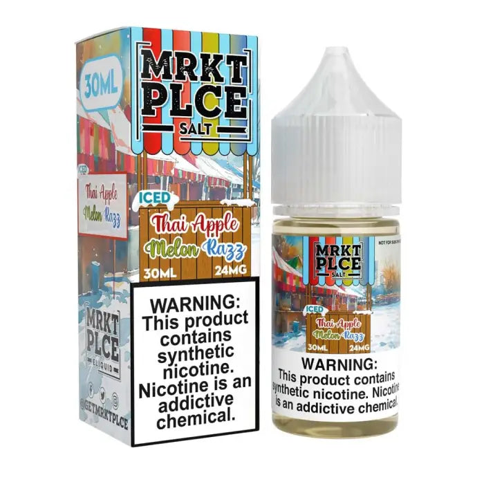 Colorful e-liquid bottle and packaging for ’MRKT PLCE SALT’ in Thai Apple Watermelon flavor.