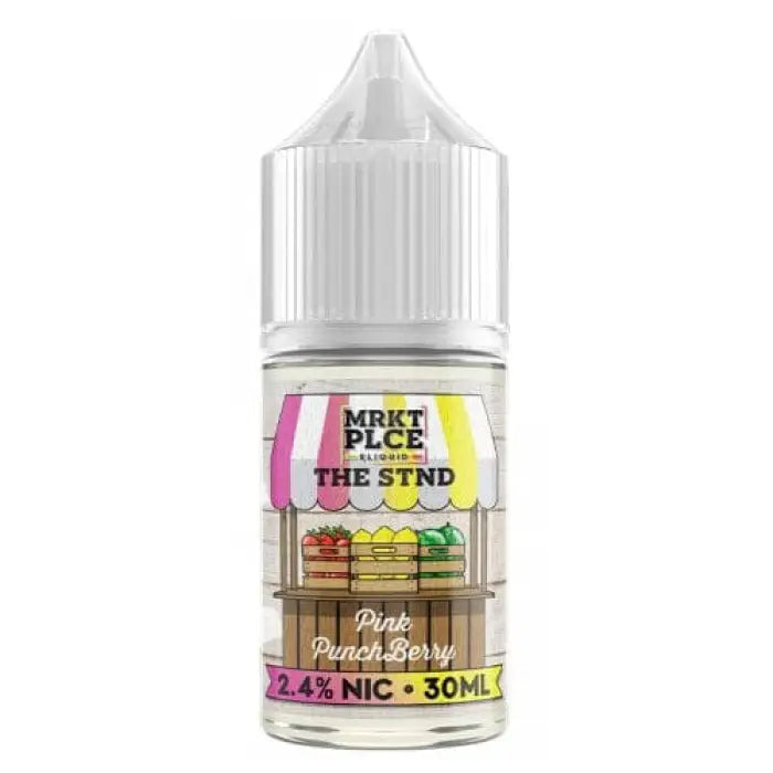 Bottle of e-liquid labeled ’MRKT PLCE THE STND’ with a colorful awning design.