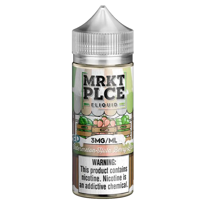 Bottle of ’MRKT PLCE’ e-liquid vaping juice with a warning label about nicotine content.