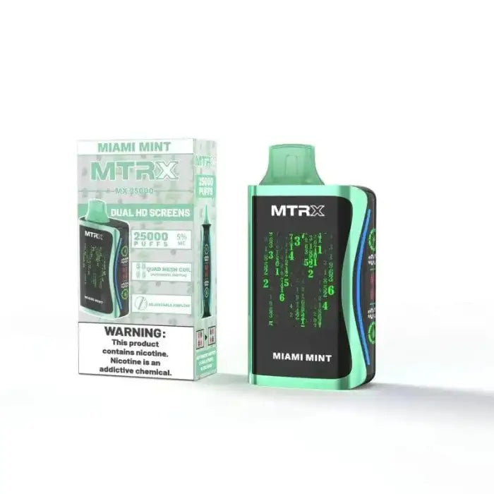 Disposable vape device in green packaging labeled ’MTRX Miami Mint’.