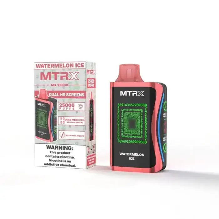 Electronic vaping device with a pink exterior and green display screen, alongside its packaging.