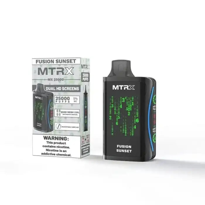 Electronic vaping device with a digital display showing green matrix-style text.