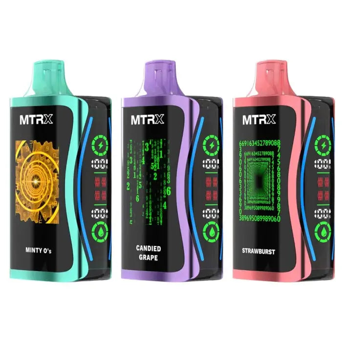 Three colorful vape devices or e-cigarettes from the MTRX brand in teal, purple, and pink.