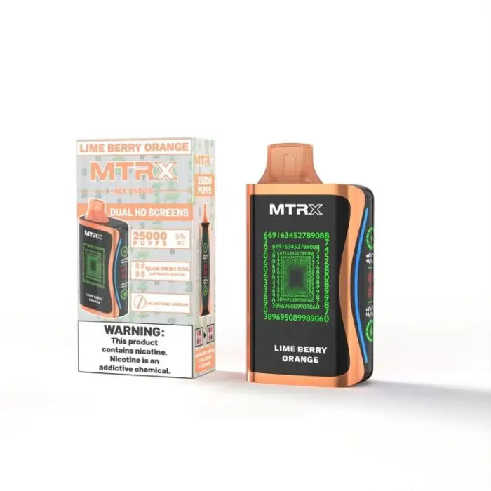 Electronic vaping device with orange and blue accents, labeled ’MTR’ and ’Lime Berry Orange’.