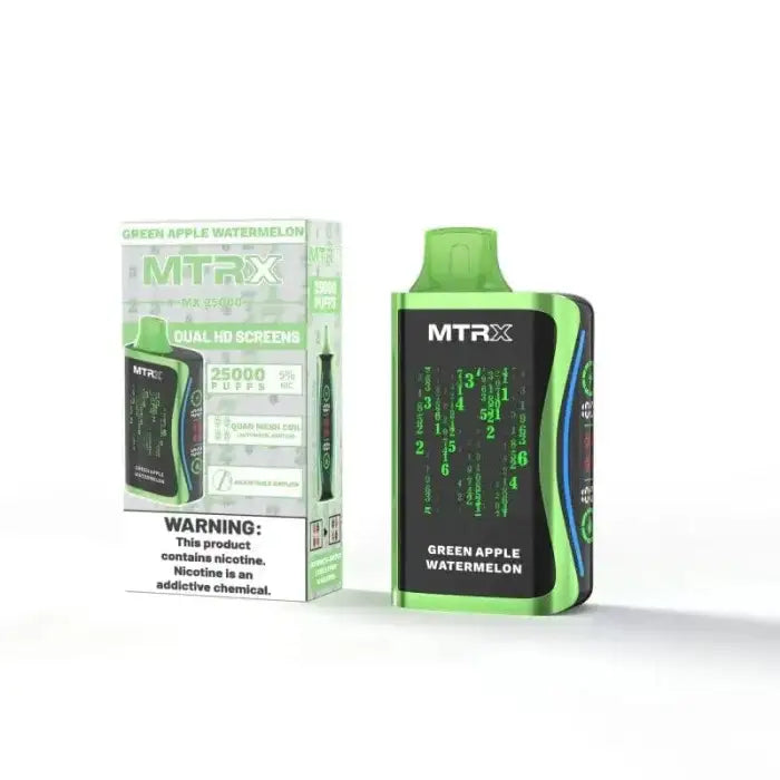 Green and black electronic vaping device with ’MTR’ branding.