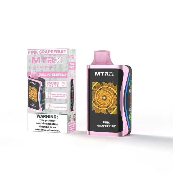 Pink disposable vape device labeled ’MTR’ with grapefruit flavor.