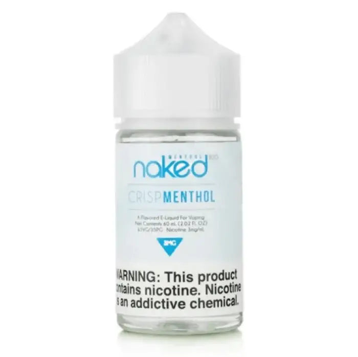 Bottle of Naked brand menthol-flavored e-liquid with a nicotine warning label.