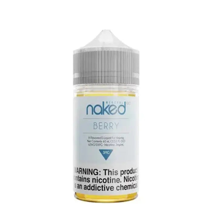 Bottle of Naked brand Berry-flavored e-liquid with a nicotine warning label.