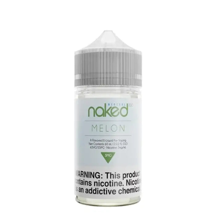 Bottle of Naked brand melon-flavored e-liquid with a nicotine warning label.